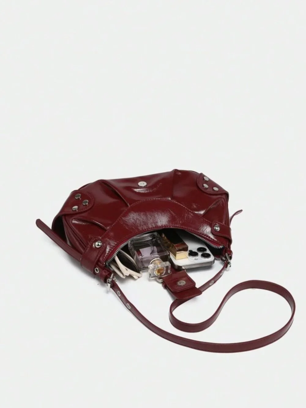 Burgundy Studded Baguette Bag Y2K Punk Vegan Leather Zip Shoulder